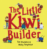 Children's book cover for 'The Little Kiwi Builder' by Tim Saunders & Minky Stapleton, featuring large red title text on a bright yellow background with cartoon kiwi animals performing construction tasks.