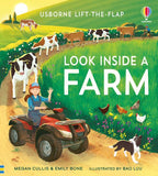 Book cover of 'Look Inside a Farm' by Usborne with illustrations of a farm scene.