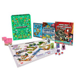 Minecraft board game set with various books and a toy on a white background