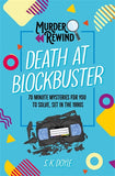 Book cover of 'Death at Blockbuster' with colorful geometric shapes and a cassette tape.