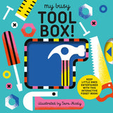 Book cover of 'My Busy Toolbox!' with colorful tools and a blue toolbox icon on a teal background.