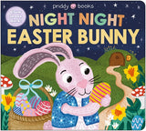 Children's book cover titled 'Night Night Easter Bunny' with a glowing bunny and eggs on a dark blue background.