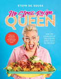 Book cover of 'No Stress Recipe Queen' with a woman holding nachos against a blue background.
