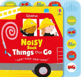 Children's book titled 'Noisy Things that Go' with fire engine design and colorful buttons on the side.