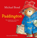 Cover of the book 'Paddington: The Original Story of the Bear from Darkest Peru' featuring an illustration of the title character, Paddington Bear, a bear wearing a red hat and blue coat, holding a suitcase, with a red background.