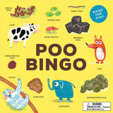 Poo Bingo game board with illustrations of animal puns on a yellow background