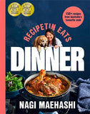 Book cover of 'Recipe Tin Eats Dinner' by Nagi Maehashi with a woman and dog, featuring two ADIA award stickers.