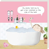Cartoon character in a bathtub with drinks and a speech bubble, set against a pink wall.