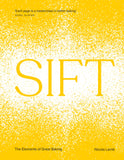 The cover of the book 'SIFT: The Elements of Great Baking' by Nicola Lamb, with a yellow background and the title text in bold.