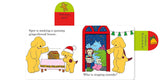 Illustration of Spot the dog building a gingerbread house with other characters in a snowy scene.