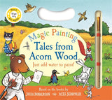 Children's book titled 'Tales from Acorn Wood' with a paintbrush and water container on a colorful background.