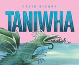 Book cover of 'Taniwha' by Gavin Bishop with a green creature and pink background