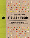Front cover of the book 'The Encyclopedia of Italian Food' with a tan textured background, rows of small colorful food illustrations, and a bright yellow-green vertical band on the left with a black tomato icon.