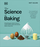 Book cover of 'The Science of Baking' with baking ingredients and tools on a teal background