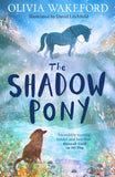 Book cover of 'The Shadow Pony' with a horse and dog in a magical landscape.