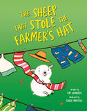 Book cover of 'The Sheep That Stole the Farmer's Hat' with a green background, sheep, and clothesline.