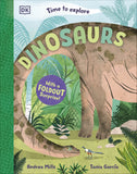 Book cover of 'Dinosaurs' with a foldout surprise, featuring a dinosaur illustration and green cover.