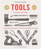 Book cover for 'Tools: A Visual History' by Dominic China, featuring vintage hand-drawn illustrations of various hand tools including a hammer, pliers, scissors, and a plane on an off-white background.