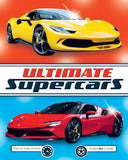Book cover of 'Ultimate Supercars' with images of a yellow and red sports car on an orange and blue background.