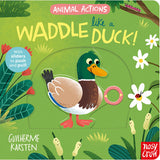 Children's book cover titled 'Waddle Duck!' with a duck illustration on a green background.