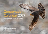 Conservation Calendar 2027 cover for Aotearoa New Zealand, featuring a large falcon in flight over a blurred natural background, with the title in yellow and white text and the Forest & Bird logo at the bottom.