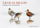A square art print or calendar cover featuring three New Zealand wading birds painted by Nicolas Dillon, with the title 'NICOLAS DILLON' and subtitle 'Paintings of New Zealand birds' at the top. The print shows the birds standing in shallow water against a pale background, with small publisher text 'potton&burton calendars | 2027' at the bottom right.