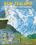 Vintage-style poster artwork for the New Zealand 2027 calendar, featuring a snowy mountain landscape, a small building with people in the foreground, and large yellow text reading 'NEW ZEALAND VINTAGE POSTERS • 2027 CALENDAR'.
