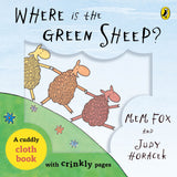 Cover of the cloth book 'Where is the Green Sheep?' featuring illustrations of sheep on a blue and green background.