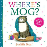 Cover of 'Where's Mog?' children's board book by Judith Kerr, featuring a illustration of a cat with a blue scarf, and a description of the book as a 'Felt Flaps' edition.
