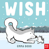 Book cover of 'Wish' by Emma Dodd featuring a dog and a smaller creature in a snowy landscape.