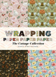 The Cottage Collection wrapping paper and sticker set, featuring four distinct floral and nature-themed patterns: pink roses and teacups, orange flowers and bumblebees, dark brown leaves and acorns, and pink and yellow flowers on a light blue background.