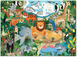 Illustration of various animals in a jungle setting with a lion in the center.
