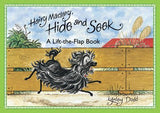 Cover of 'Hairy Maclary Hide & Seek' book showing an illustration of a black and white dog, Hairy Maclary, playing hide and seek.