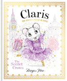 Cover of the children's picture book 'Claris: The Secret Crown' by Megan Hess, featuring an illustration of a mouse in a purple dress with a crown, holding a pink package, with a background of a London skyline.